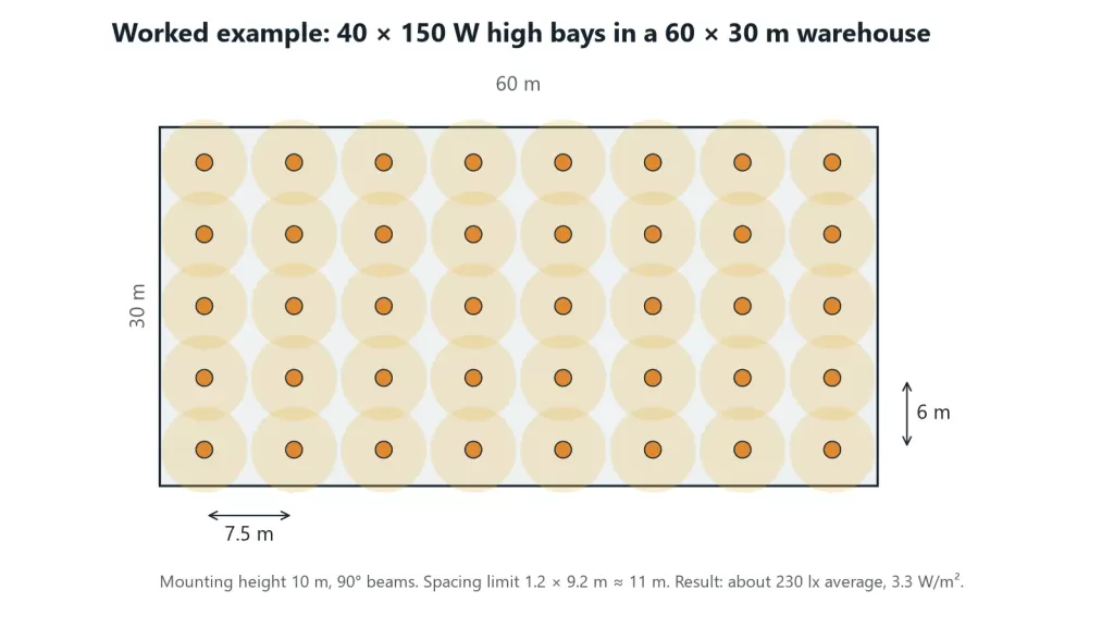 Plan of a 60 by 30 metre warehouse with an 8 by 5 grid of high bays