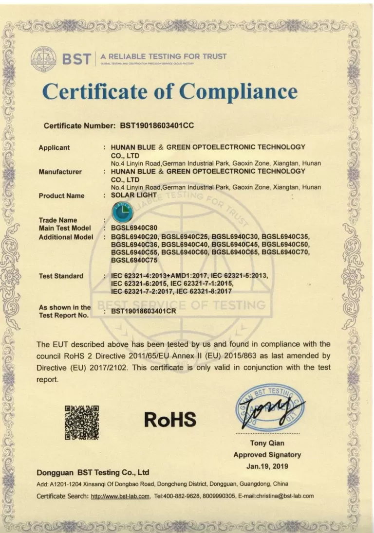 RoHS — Directive 2011/65/EU and (EU) 2015/863 certificate