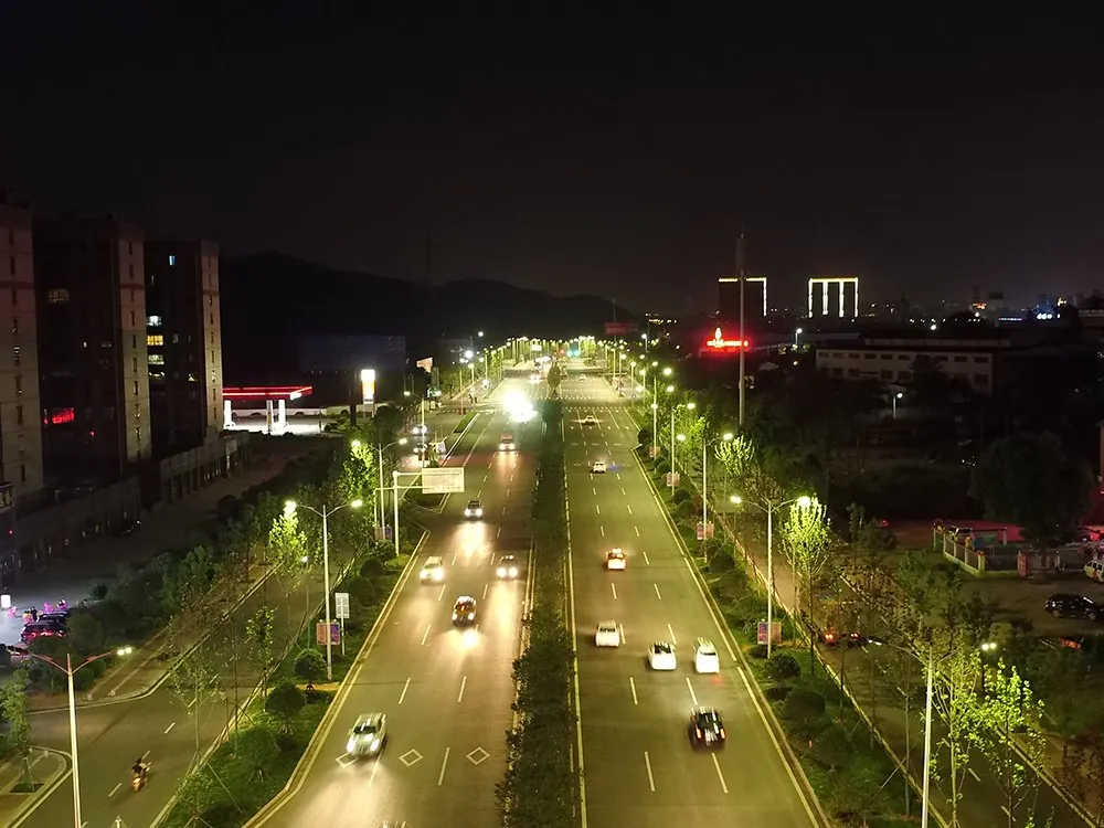 Aerial view of Furong Avenue in Xiangtan at night, lit by LED street lights