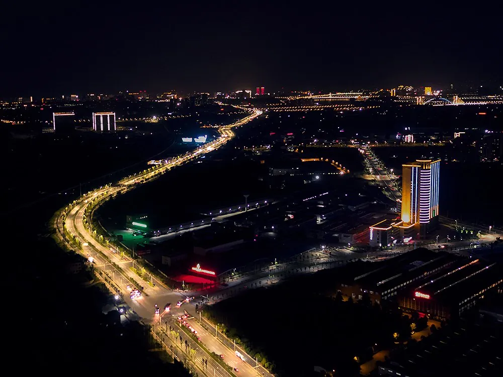 Urban arterial road lit by LED street lights at night